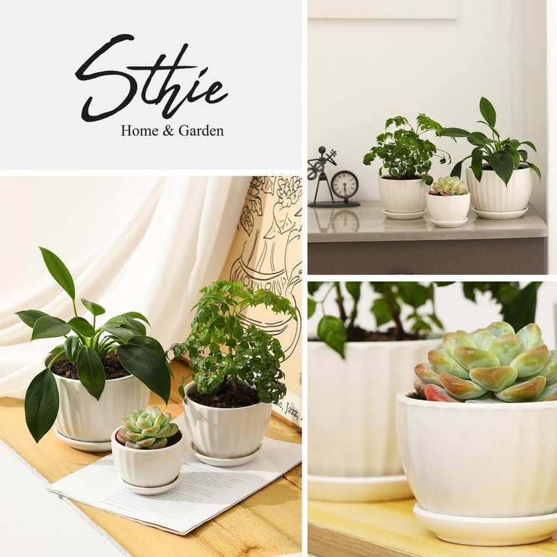 STHIE Ceramic Plant Pots with Drainage Holes and Saucers  Round White Flower Pots for Indoor Plant  Diameter 3.3/4.3/5.5 Inches Small Flower Planters Set of 3 - Image 5
